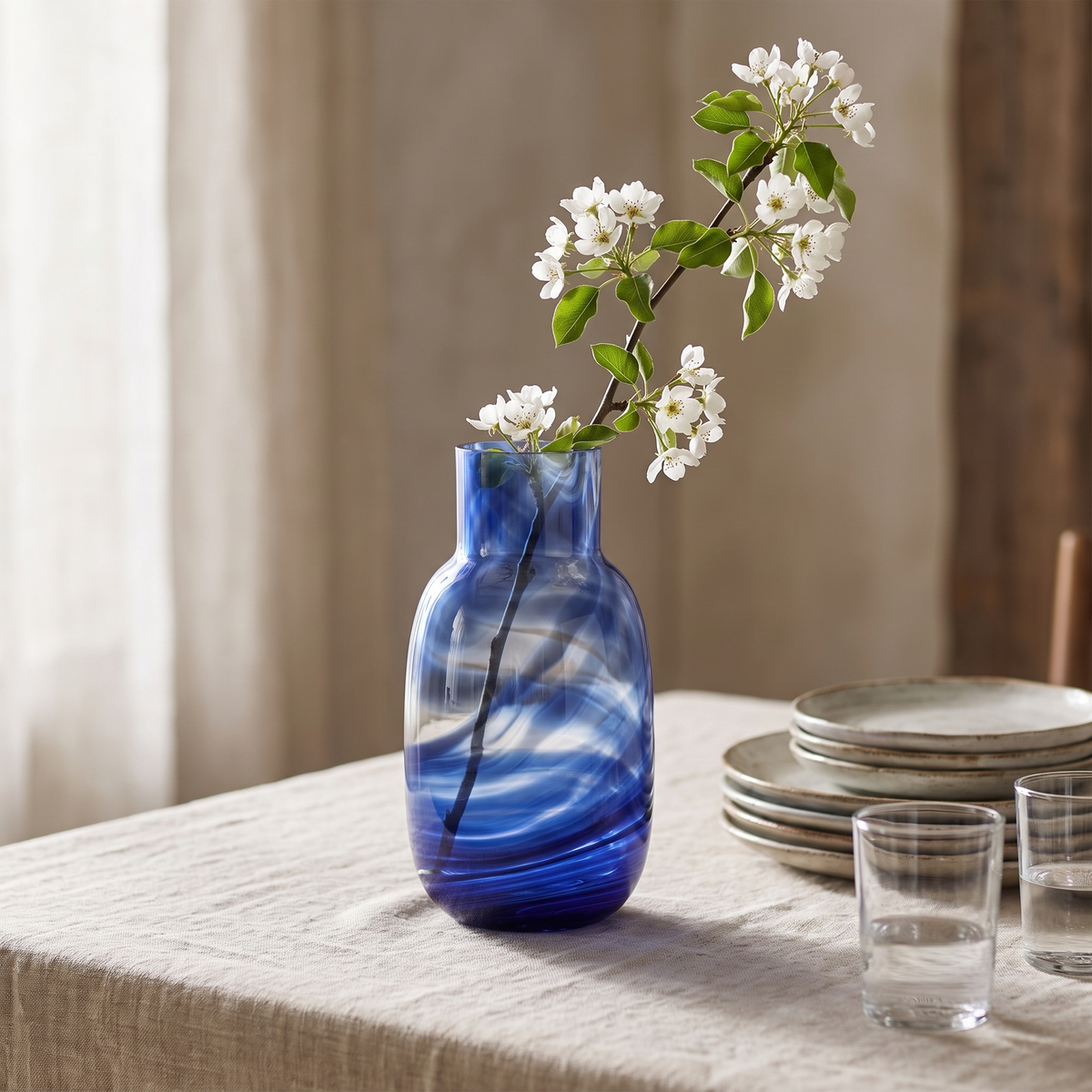 Blauwe Waters vaas met bloesemtak op een linnen tafelkleed
