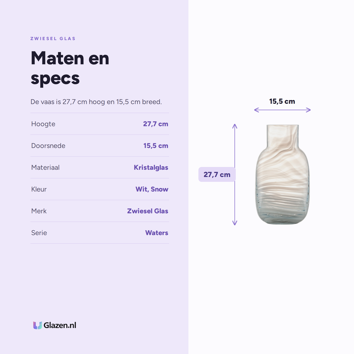 Maten en specificaties van de Zwiesel Glas Waters Vaas Groot 277 mm Snow