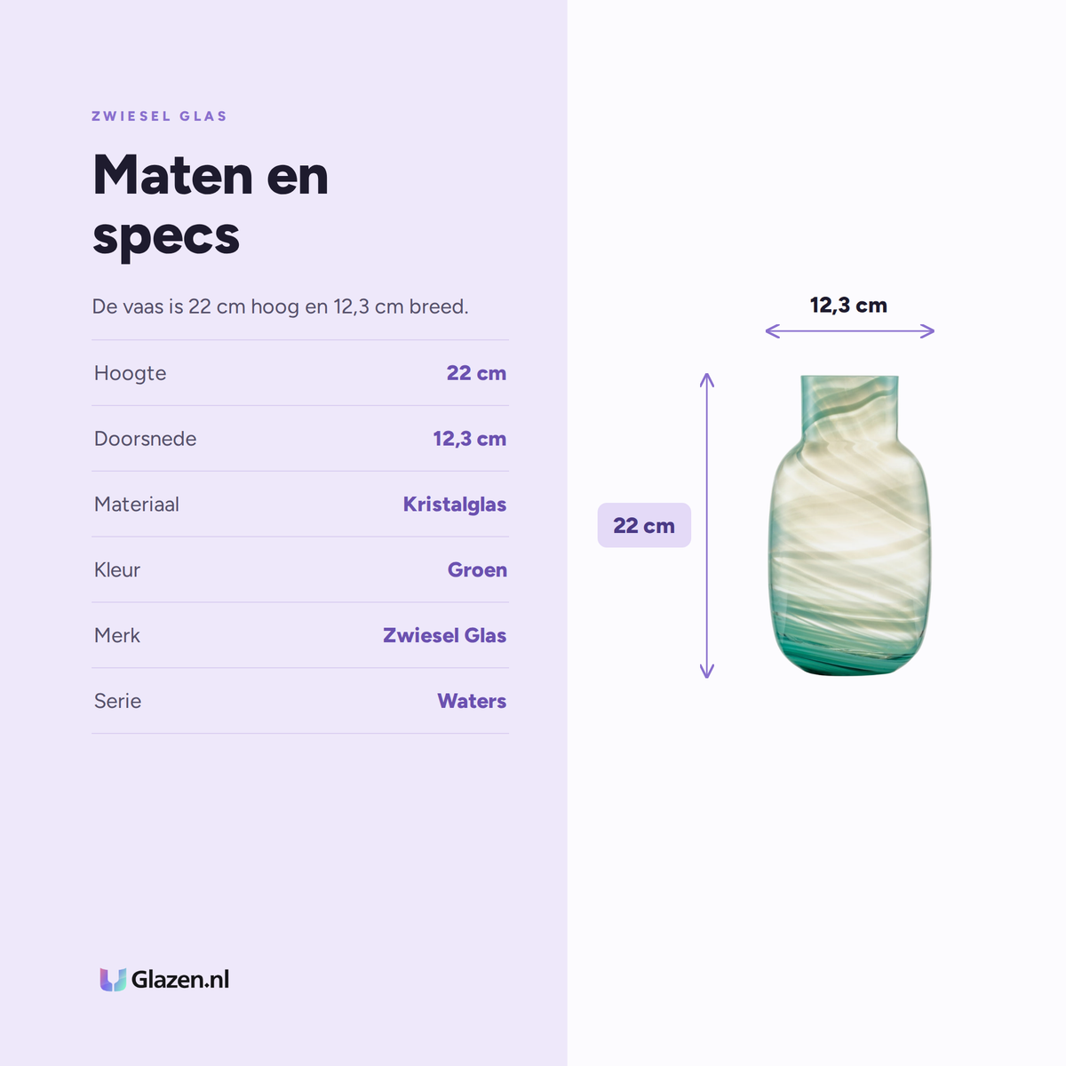 Maten en specificaties van de Zwiesel Glas Waters Vaas Klein 220 mm Groen