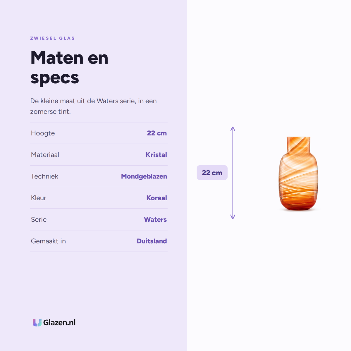 Maten en specs van de Zwiesel Glas Waters vaas klein koraal