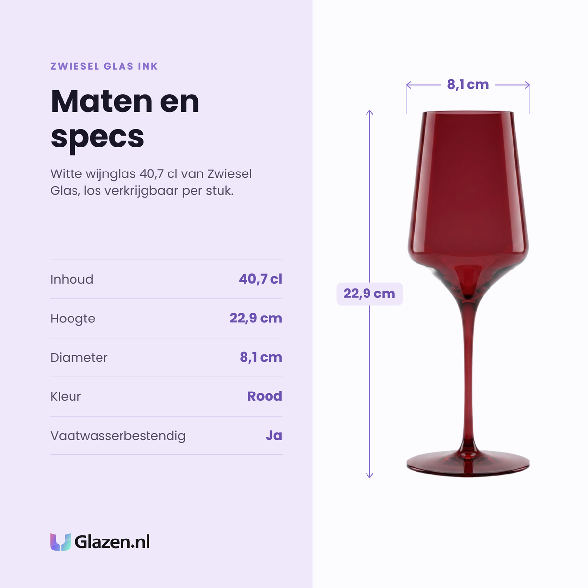 Zwiesel Glas Ink witte wijnglas 40,7 cl specificaties: inhoud 40,7 cl, hoogte 22,9 cm, diameter 8,1 cm, kleur rood, per stuk