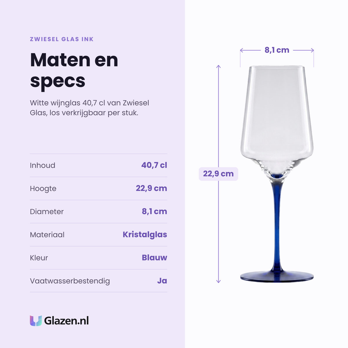 Zwiesel Glas Ink witte wijnglas 40,7 cl specificaties: inhoud 40,7 cl, hoogte 22,9 cm, diameter 8,1 cm, kristalglas, kleur blauw