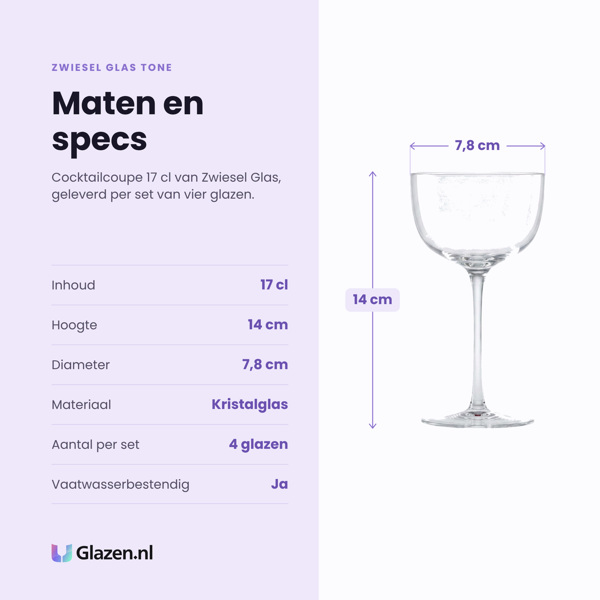 Zwiesel Glas Tone cocktailcoupe 17 cl specificaties: inhoud 17 cl, hoogte 14 cm, diameter 7,8 cm, kristalglas, set van 4